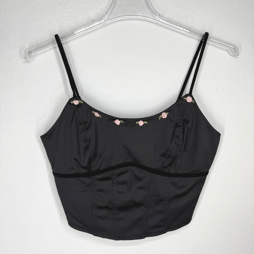 Wild‎ Fable Satin Corset Top Black Rosette Ribbon Crop Medium Fairy Whimsigoth